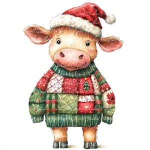 10 Christmas Cow Clipart Bundle, PNG & JPG, Printable Patchwork, Xmas Cows Illustrations, Digital Download, Scrapbook Crafting, Quilt Image