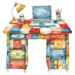 10 Schreibtische Clipart Bundle, PNG & JPG zum Ausdrucken, Patchwork Schreibtisch, Illustrationen, digitaler Download, Scrapbook Basteln, Quilt Schreibtisch Bild