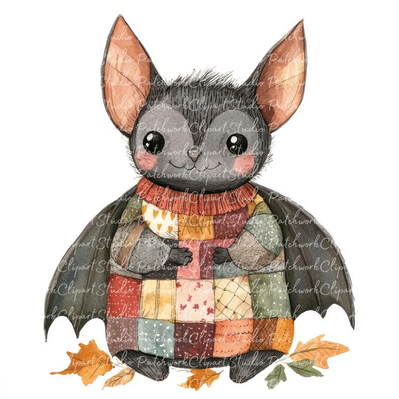 10 Autumn Bat Clipart Bundle, PNG & JPG, Printable Patchwork, Bat in ...