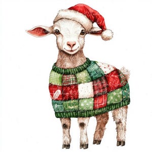 May include: A white goat wearing a red Santa hat and a green, red and white patchwork sweater. The goat is standing on a white background.