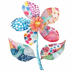 May include: A colorful patchwork flower with a bright pink center and green leaves. The flower is made of different fabrics and patterns, including polka dots, stripes, and floral prints.