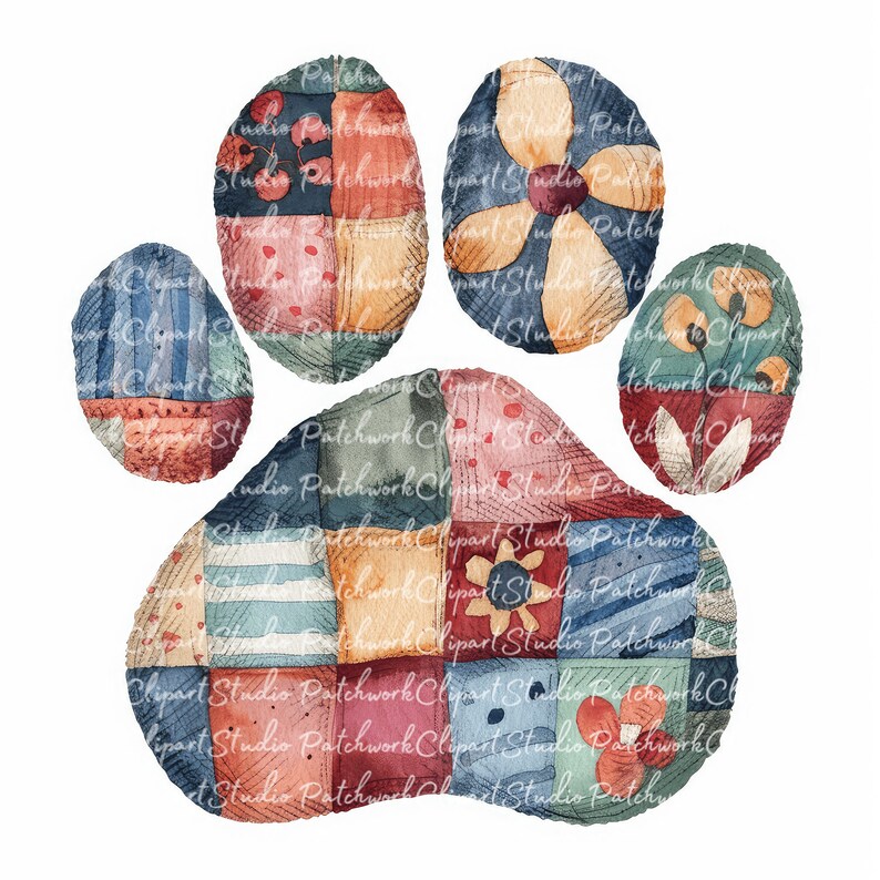 10 Paw Prints Clipart Bundle, Printable Patchwork Paws, Quilted Fabric ...