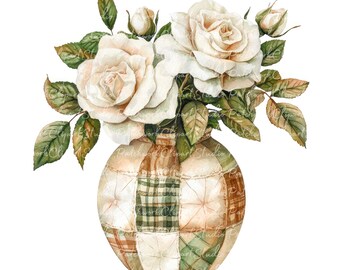 10 White Roses in Vase Clipart Bundle, PNG & JPG, Printable Patchwork Flowers Images, Digital Download, Scrapbook Crafts, White Roses Image