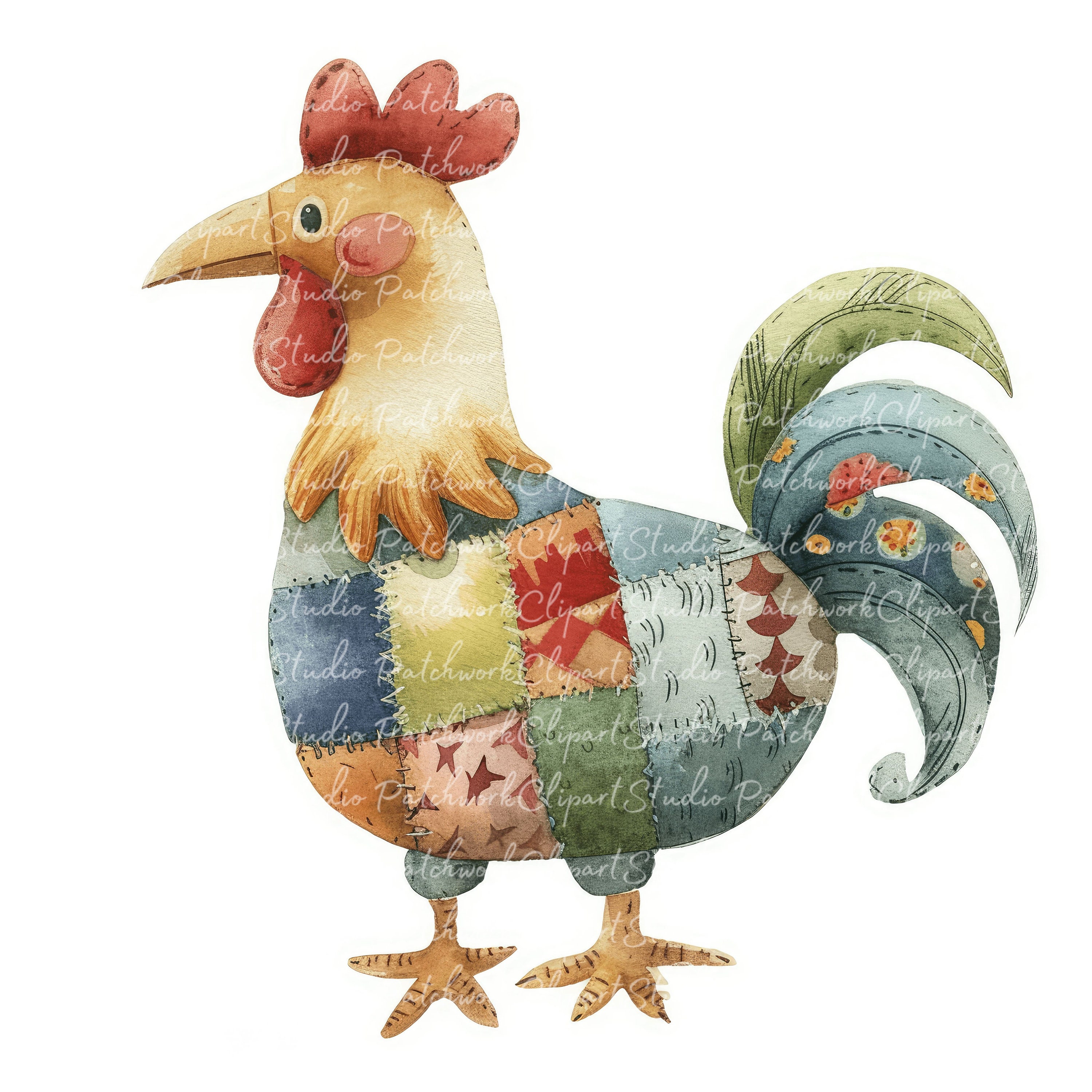 10 Roosters Clipart Bundle, Printable Patchwork Rooster, Quilted Fabric ...