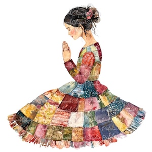 May include: Watercolor illustration of a woman in a patchwork dress, with hands clasped in prayer. The dress features a variety of colorful fabric squares. The woman has dark hair and is wearing a pink flower. The image is set against a white background.