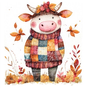 Paquete de 10 imágenes prediseñadas de vacas otoñales, PNG y JPG, ilustraciones de vacas en otoño para patchwork imprimibles, descarga digital, manualidades con álbumes de recortes, imágenes de colchas