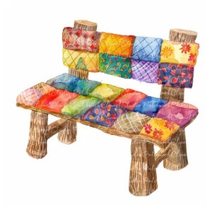 Puede incluir: Un banco de patchwork colorido con un marco de madera. El banco está hecho de varias telas en tonos de rojo, naranja, amarillo, verde, azul, morado y rosa. El banco es perfecto para agregar un toque de fantasía a cualquier jardín o patio.