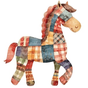 Paquete de 10 imágenes prediseñadas de caballos, PNG y JPG, caballo de patchwork imprimible, ilustraciones, descarga digital, manualidades con álbumes de recortes, imagen de caballo de patchwork