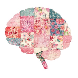 May include: A watercolor illustration of a brain, composed of patchwork squares. The squares feature floral patterns in shades of pink, blue, and red. The brain's outline is a soft pink, with the text "Studio Patchwork Clipart" subtly visible.