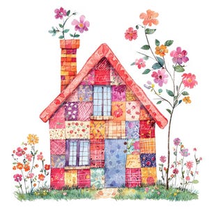 10 Floral House Clipart Bundle, PNG i JPG, Wydrukowalna ilustracja Patchwork House, Pobieranie cyfrowe, Rzemiosło scrapbookingowe, Fantazyjny obraz domu