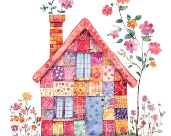 10 Floral House Clipart Bundle, PNG & JPG, Printable Patchwork House Illustration, Digital Download, Scrapbook Crafts, Whimsical House Image