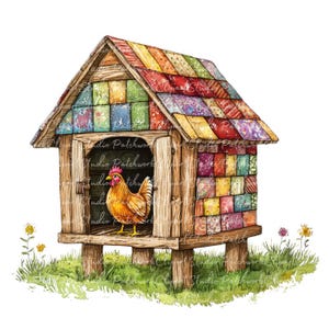 Lot de 10 cliparts poulailler, PNG & JPG, illustrations imprimables de poulailler en patchwork, téléchargement numérique, créations de scrapbooking, image de poulet
