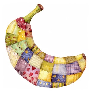 10 Bananas Clipart Bundle, PNG & JPG, Printable Patchwork Banana, Illustrations, Digital Download, Scrapbook Crafting, Quilt Image