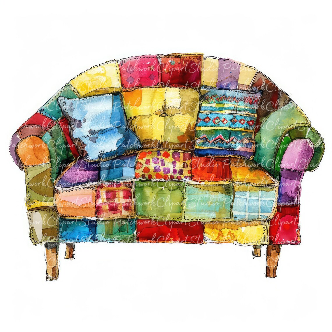10 Sofas Clipart Bundle, Printable Patchwork Sofa, Cute Quilted Fabric ...