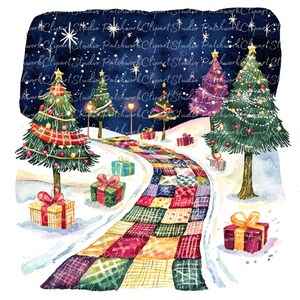 May include: A watercolor painting of a snowy winter scene with a path made of colorful patchwork fabric leading to a Christmas tree. The path is lined with presents wrapped in colorful paper. The trees are decorated with lights and ornaments. The sky is dark blue with stars.