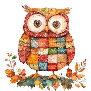 May include: A watercolor painting of a patchwork owl perched on a branch with autumn leaves. The owl is brown, red, and blue with large, round eyes. The leaves are orange, yellow, and green.