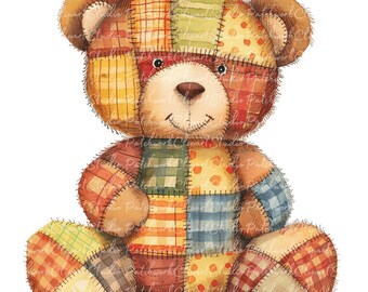 10 Teddybear Clipart Bundle, PNG & JPG, Printable Patchwork Teddy, Illustrations, Digital Download, Scrapbook Crafting, Quilt Image, Plush