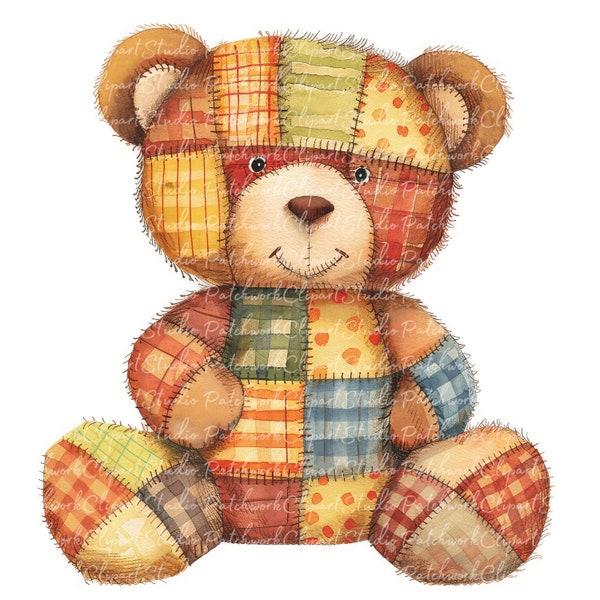 10 Teddybär-Clipart-Bundle, druckbarer Patchwork-Teddy, gesteppte Stoffillustrationen, digitaler Download, Scrapbook-Bastelarbeiten, Quilt-Bilder