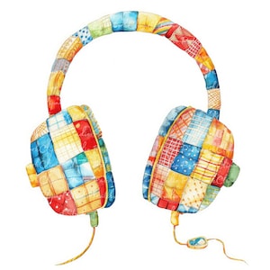 Puede incluir: Un par de auriculares de patchwork coloridos con un cable amarillo. Los auriculares están hechos de diferentes telas en tonos de rojo, amarillo, azul y verde.