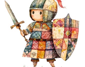 10 Knight Clipart Bundle, PNG & JPG, Printable Patchwork Knight Illustrations, Digital Download, Scrapbook Crafts, Cute Cartoon Knight Image
