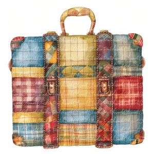 Ensemble de 10 cliparts valises, PNG & JPG, valise patchwork imprimable, illustrations, téléchargement numérique, créations de scrapbooking, image de courtepointe