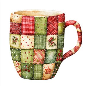 May include: A red, green, and cream patchwork mug with a brown rim and a handle. The mug is decorated with small red berries and green leaves.