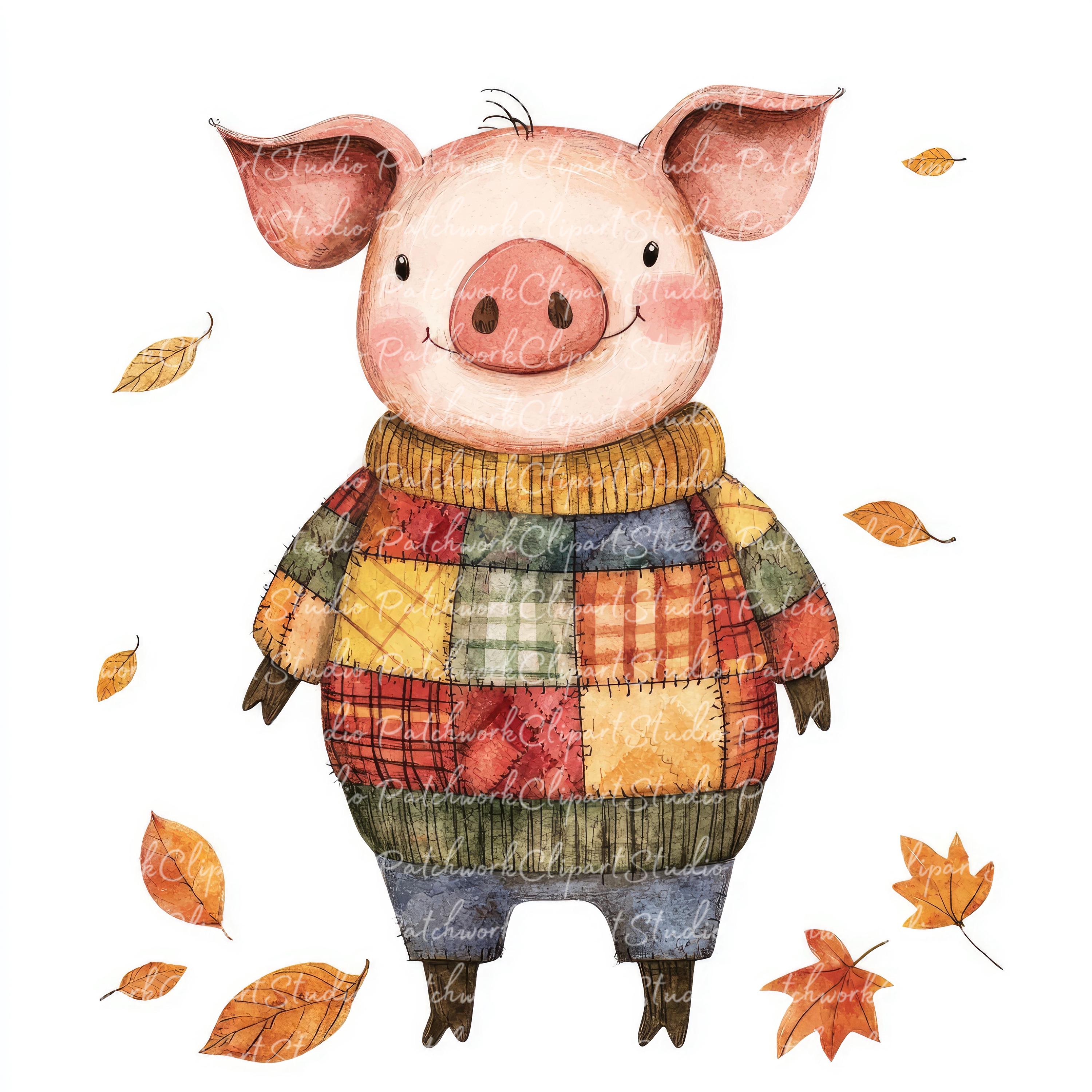 10 Autumn Pig Clipart Bundle, PNG & JPG, Printable Patchwork, Pig in ...