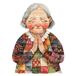 16 oude vrouw bidden clipartbundel, png en jpg, afdrukbare patchwork vrouw illustraties, digitale download, scrapbook maken, biddende vrouw