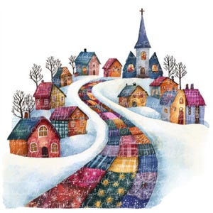 10 kerstdorp clipartbundel, png en jpg, afdrukbare patchwork, winterillustraties, digitale download, scrapbooking, quiltafbeelding