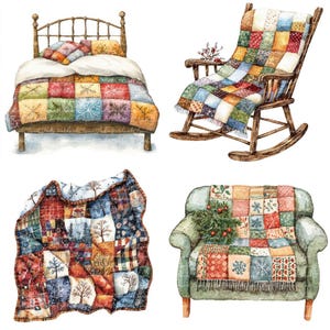 May include: A set of four watercolor illustrations featuring patchwork quilts on various furniture. The illustrations include a bed, a rocking chair, an armchair, and a throw blanket.