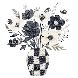 Könnte beinhalten: Aquarellillustration eines Blumenarrangements in einer Vase. Der Strauß zeigt weiße und marineblaue Anemonen mit grünen Blättern und Stielen. Die Vase ist ein Patchwork-Design in Schwarz und Weiß.