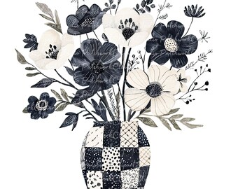 10 Black and White Flowers in Vase Clipart Bundle, PNG & JPG, Printable Patchwork Illustrations, Digital Download, Scrapbook, Quilt Image