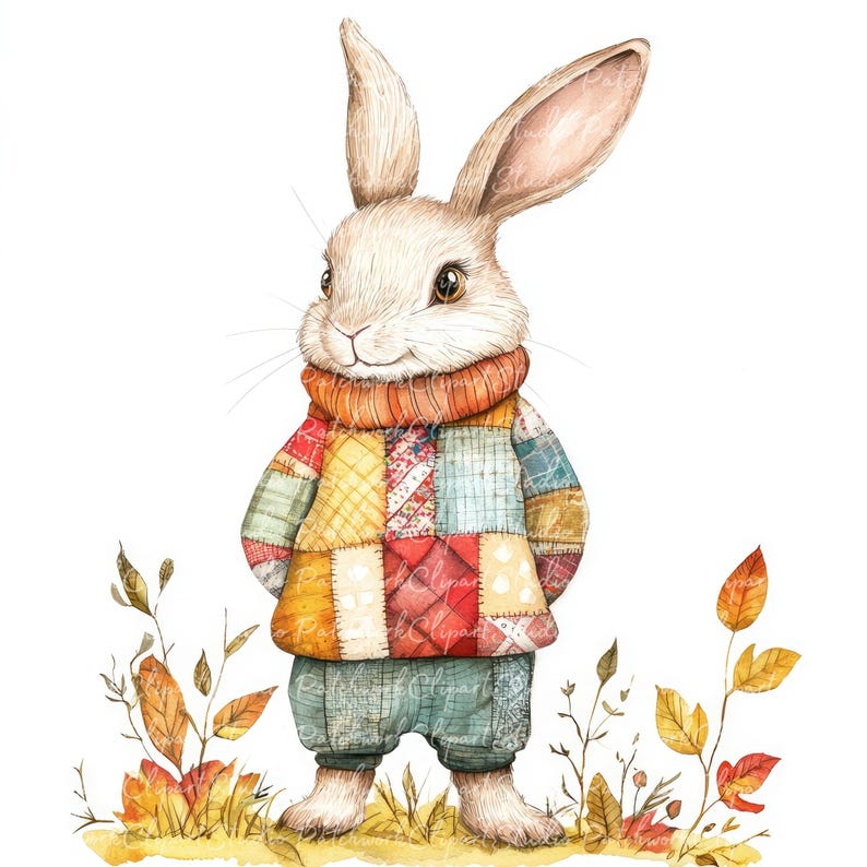 10 Autumn Rabbit Clipart Bundle, PNG & JPG, Printable Patchwork, Rabbit ...