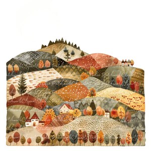 Könnte beinhalten: Eine Aquarell-Illustration einer Herbstlandschaft mit sanften Hügeln, Bäumen und Häusern. Die Hügel sind ein Patchwork aus verschiedenen Farben, darunter Braun, Orange, Rot und Grün. Die Bäume sind größtenteils kahl, aber einige haben Blätter in Orange-, Gelb- und Rottönen. Die Häuser sind klein und schlicht, mit weißen Wänden und braunen Dächern.