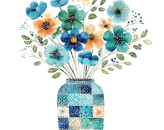 10 Teal Flowers in Vase Clipart Bundle, PNG & JPG, Printable Patchwork Illustrations, Digital Download, Scrapbook Blue Flowers, Quilt Image