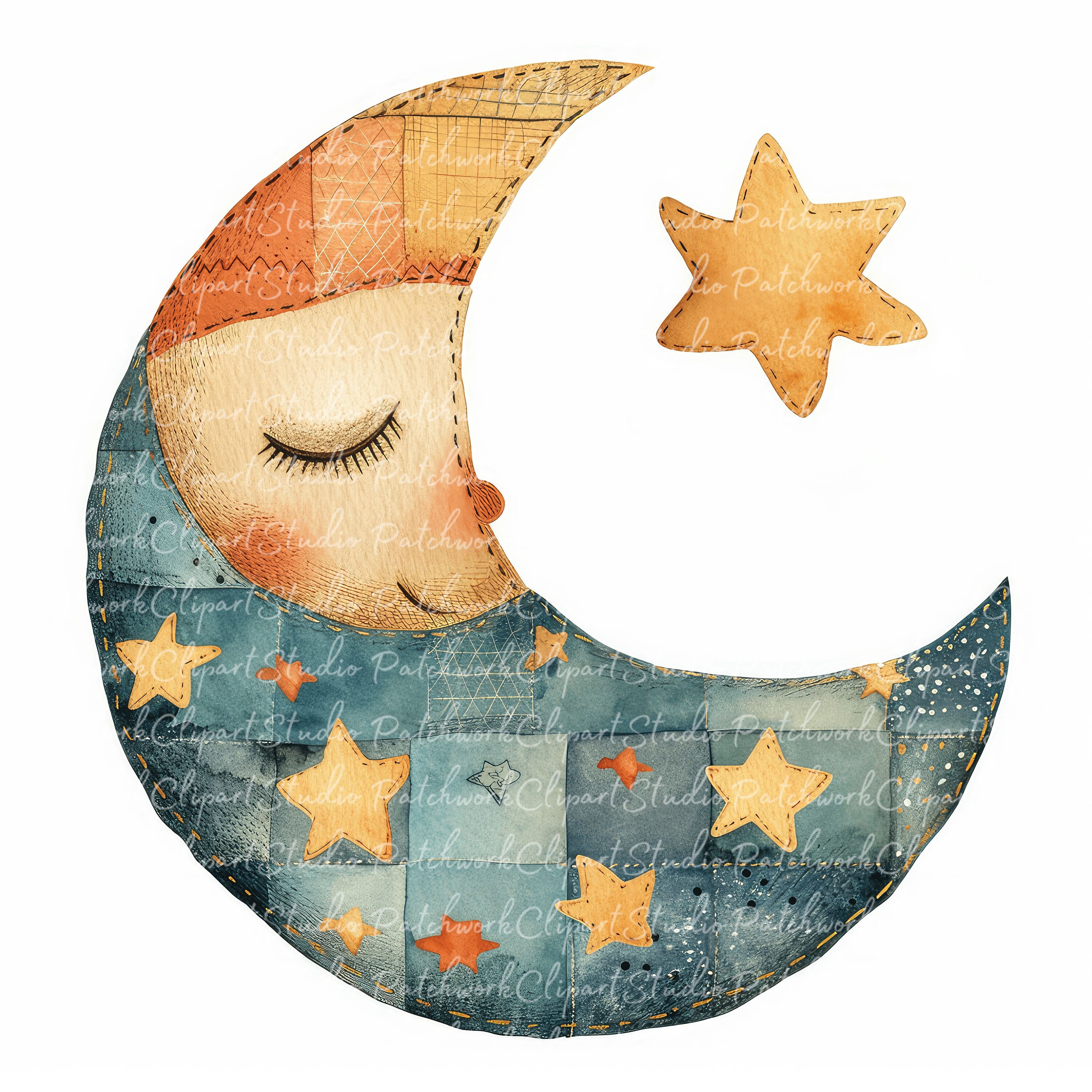 Patchwork Moon 10 Moon Clipart Bundle, PNG & JPG, Printable Patchwork Yellow Moons ...
