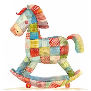 Pacote de 10 clipart de cavalo de balanço, PNG e JPG, brinquedo de patchwork para impressão, ilustrações, download digital, artesanato de scrapbook, imagem de colcha
