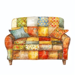 10 Sofas Clipart Bundle, PNG & JPG, Printable Patchwork Sofa,  Illustration, Digital Download, Scrapbook Crafting, Quilt Couch Image