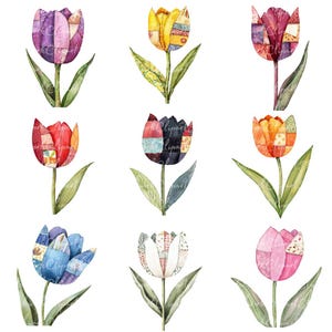 May include: Nine watercolour illustrations of tulips with patchwork-style petals in various colours, including purple, yellow, red, black, orange, blue, white, and pink. Each tulip has green leaves and stems, set against a white background.