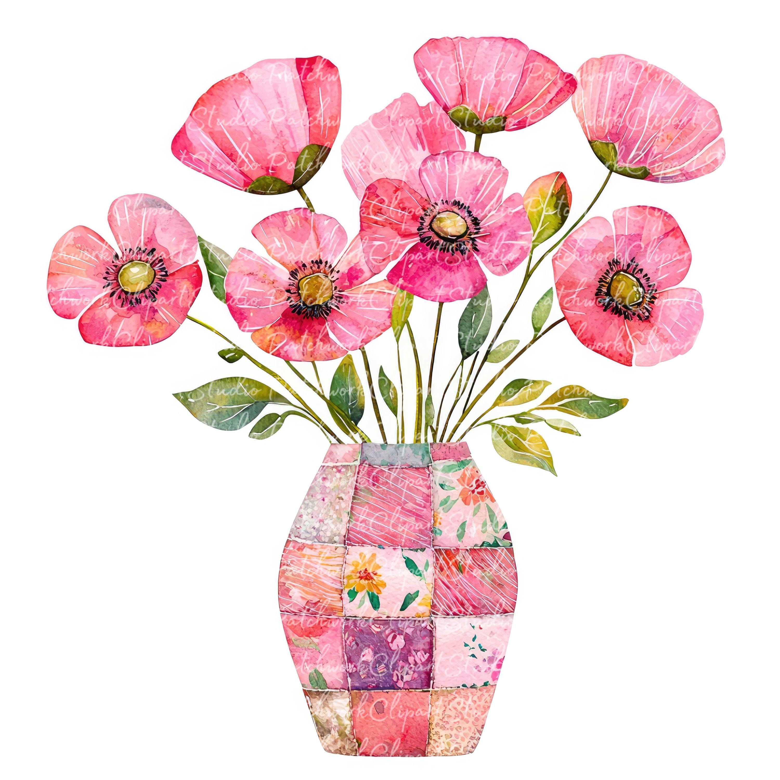 10 Pink Flowers in Vase Clipart Bundle, PNG & JPG, Pink Floral ...