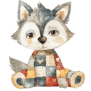 May include: A watercolor illustration of a gray wolf wearing a patchwork quilt. The quilt is made of various colors and patterns, including red, yellow, blue, and brown. The wolf has a sweet expression on its face.