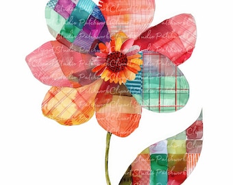 10 Flowers Clipart Bundle, PNG & JPG, Printable Patchwork Flower, Illustrations, Digital Download, Scrapbook Crafting, Quilt Image