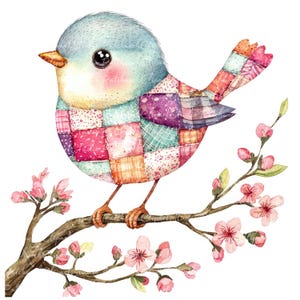 Paquete de 10 imágenes prediseñadas de pájaros primaverales (PNG y JPG), ilustración de pájaro de patchwork imprimible, descarga digital, manualidades de scrapbooking, imagen de pájaros y flores