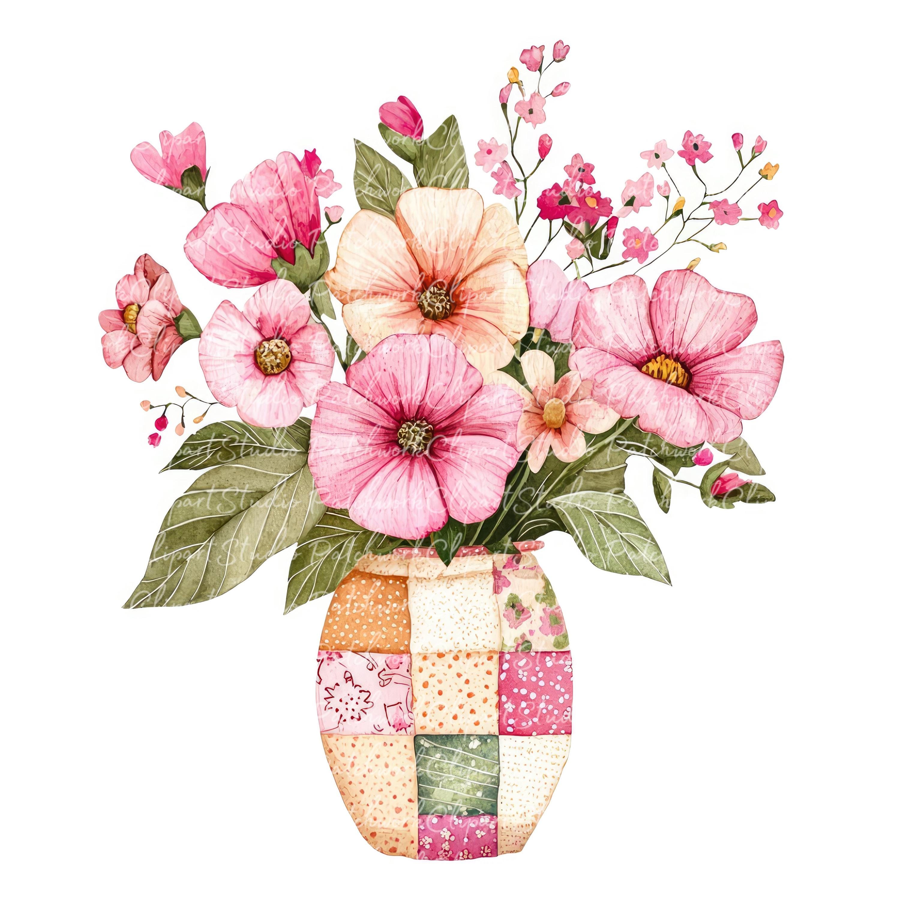 10 Pink Flowers in Vase Clipart Bundle, PNG & JPG, Pink Floral ...