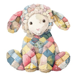 May include: A patchwork quilt lamb toy with a white face and brown eyes. The lamb is sitting with its legs crossed and has a variety of colorful patches on its body.