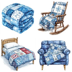 May include: Four watercolor illustrations of blue and white patchwork quilts on different furniture. A rocking chair, a single bed, an armchair, and a folded quilt.