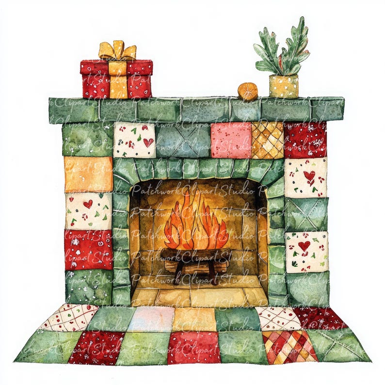 10 Christmas Fireplace Clipart Bundle, JPG & PNG, Printable Patchwork