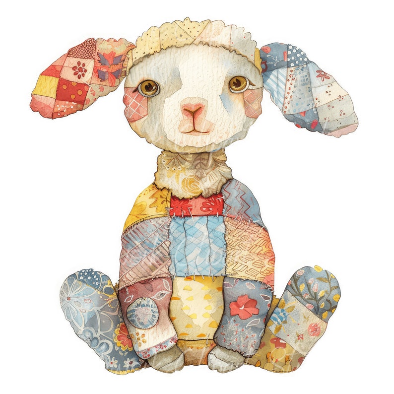 May include: A patchwork stuffed animal in the shape of a lamb. The lamb is sitting with its legs crossed and has a white face with brown eyes. The lamb is made of different colored fabrics, including red, blue, yellow, and green.