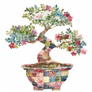 May include: A watercolor painting of a bonsai tree with pink flowers in a colorful patchwork pot. The tree has a thick trunk and branches that are twisted and gnarled. The pot is decorated with a variety of colorful fabrics.