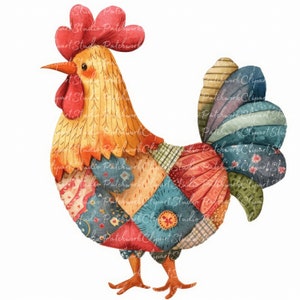 Paquete de 10 imágenes prediseñadas de gallos, PNG y JPG, gallo de patchwork imprimible, ilustraciones, descarga digital, manualidades con álbumes de recortes, imagen de colcha